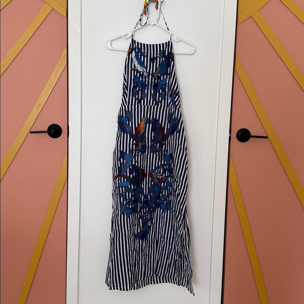 FARM Rio Navy & White Striped Halter Midi Dress with Blue Floral Embroidery - Picture 4 of 8